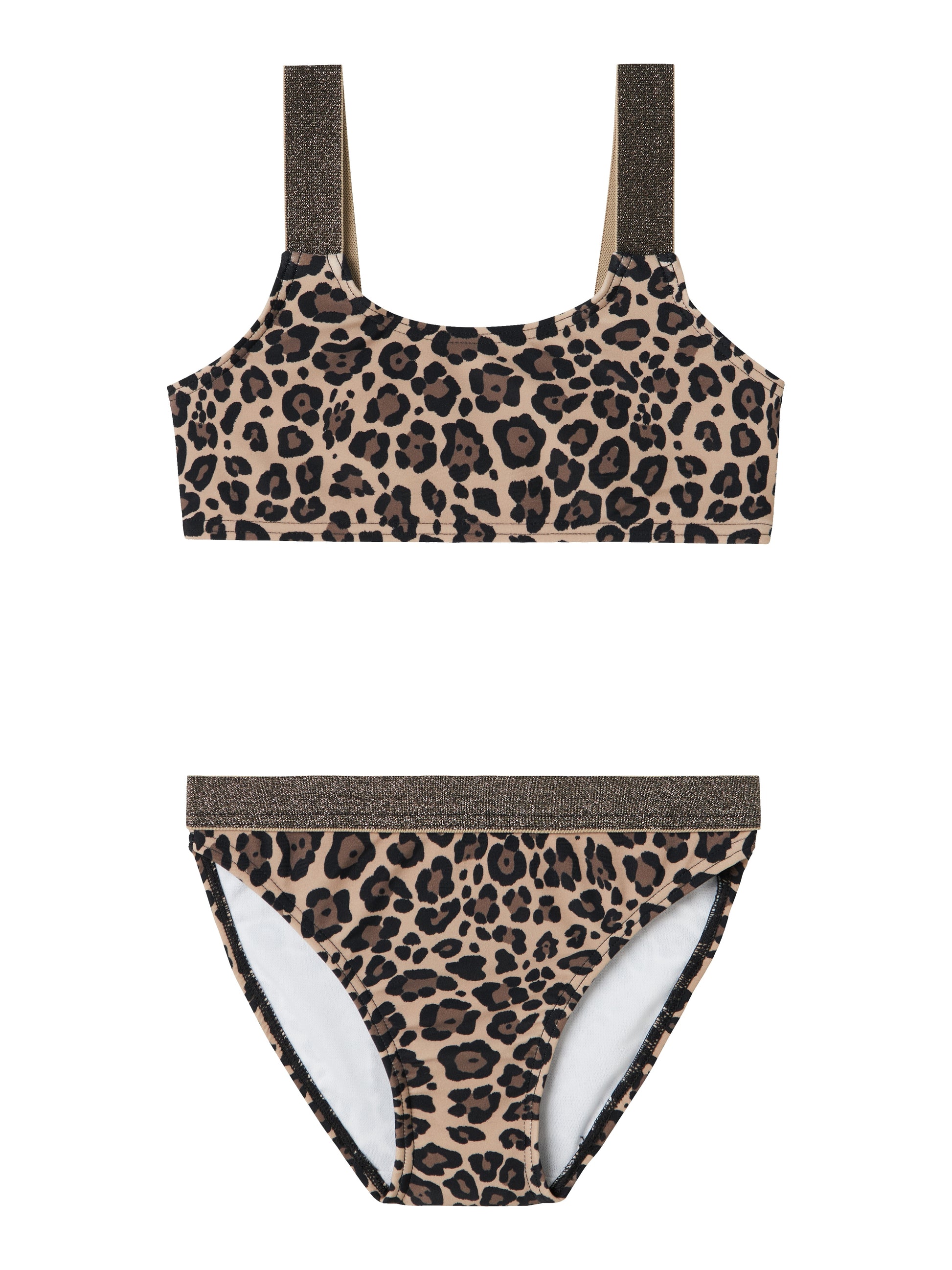 Leopard mönstrad bikini med glitter på axelbanden. Tjej badkläder. Leo bikini svart, beige till flicka, barn. Ta en simtur eller njut av det varma vädret i coola badklädesstilar som garanterar ditt barn en trendig look.

13226714 
NKFZERIA BIKINI