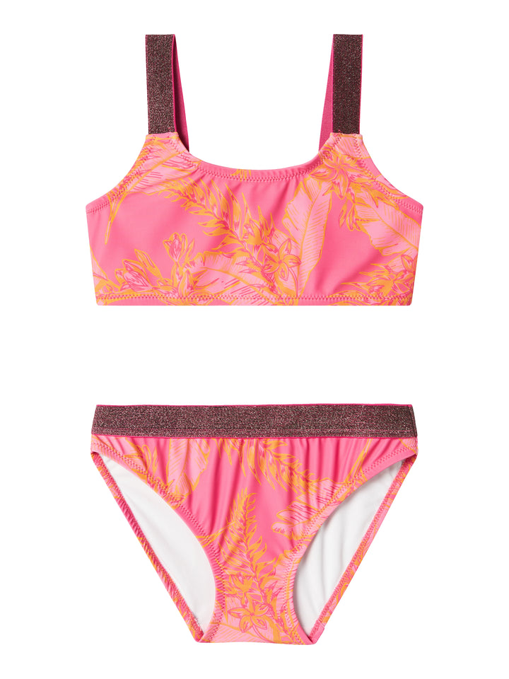 Mönstrad rosa bikini med glitter på axelbanden. Tjej badkläder. Bikini rosa och orange med blommor och blad till flicka, barn. Ta en simtur eller njut av det varma vädret i coola badklädesstilar som garanterar ditt barn en trendig look.

13226714 
NKFZERIA BIKINI