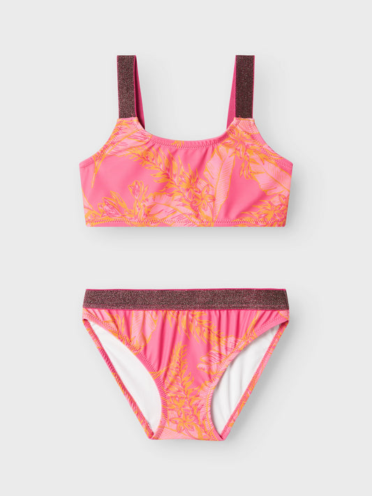 Mönstrad rosa bikini med glitter på axelbanden. Tjej badkläder. Bikini rosa och orange med blommor och blad till flicka, barn. Ta en simtur eller njut av det varma vädret i coola badklädesstilar som garanterar ditt barn en trendig look.

13226714 
NKFZERIA BIKINI
