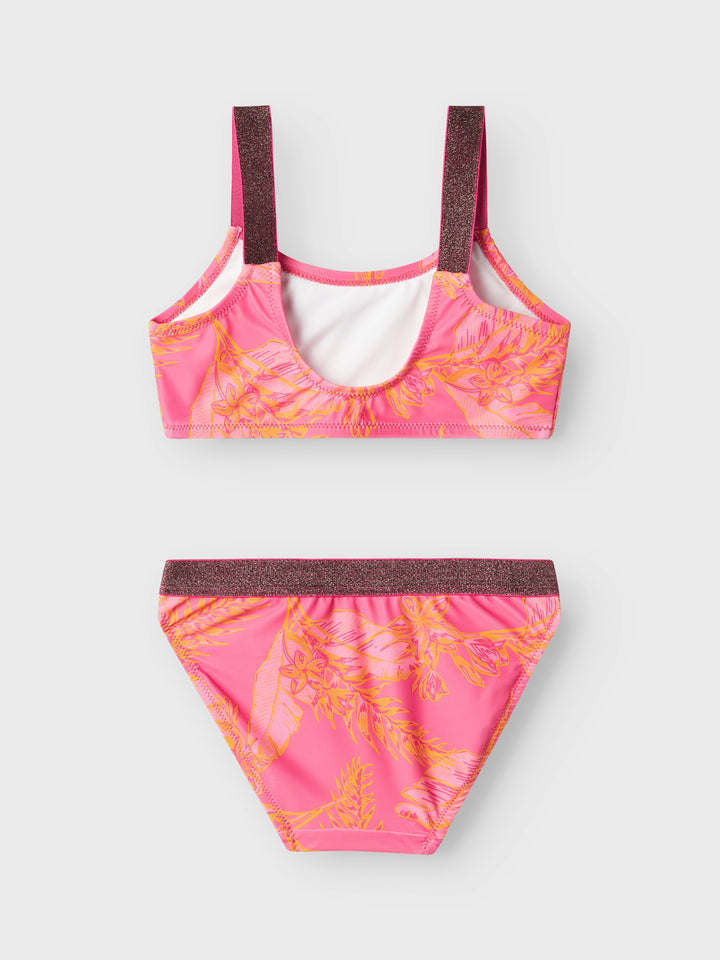 Mönstrad rosa bikini med glitter på axelbanden. Tjej badkläder. Bikini rosa och orange med blommor och blad till flicka, barn. Ta en simtur eller njut av det varma vädret i coola badklädesstilar som garanterar ditt barn en trendig look.

13226714 
NKFZERIA BIKINI