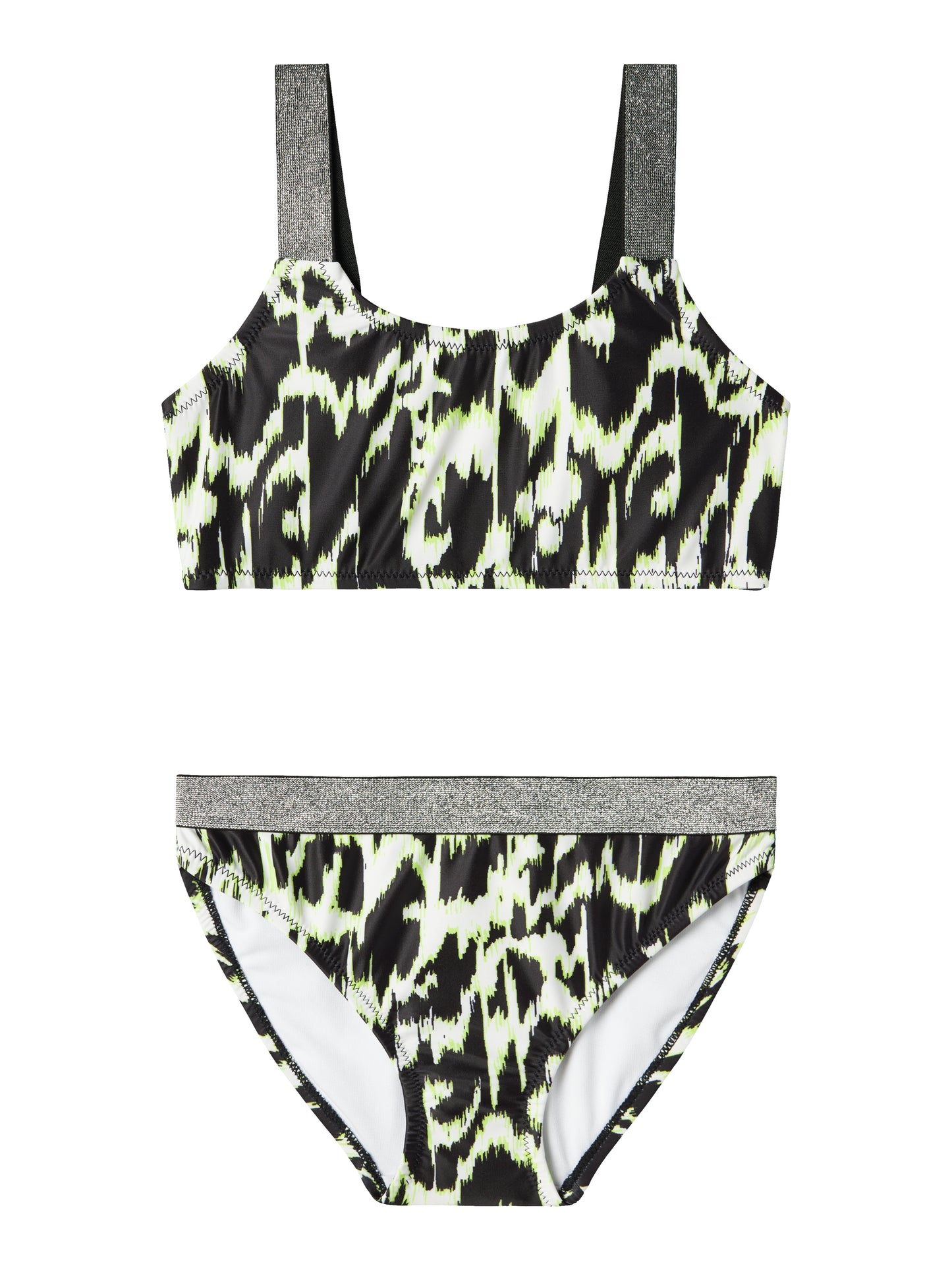 Mönstrad bikini med glitter på axelbanden. Tjej badkläder. Bikini svart, beige till flicka, barn. Ta en simtur eller njut av det varma vädret i coola badklädesstilar som garanterar ditt barn en trendig look.

13226714 
NKFZERIA BIKINI