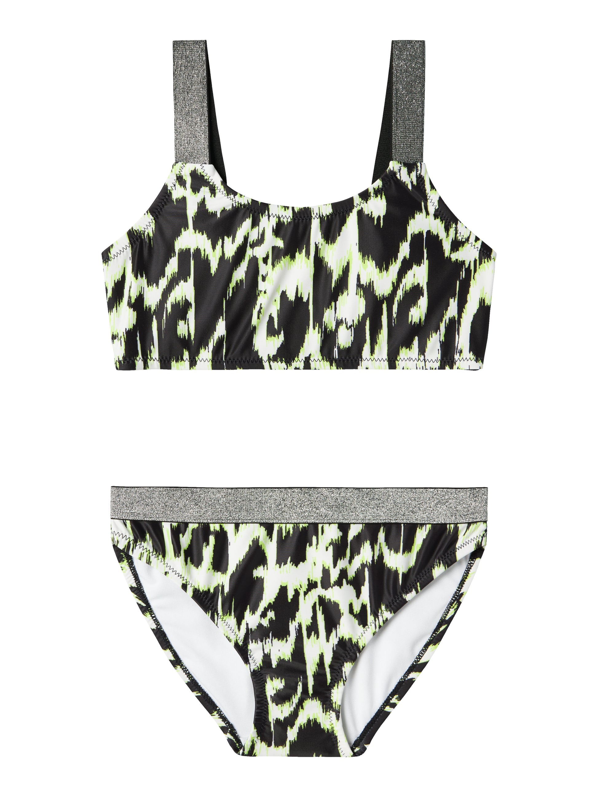 Mönstrad bikini med glitter på axelbanden. Tjej badkläder. Bikini svart, beige till flicka, barn. Ta en simtur eller njut av det varma vädret i coola badklädesstilar som garanterar ditt barn en trendig look.

13226714 
NKFZERIA BIKINI