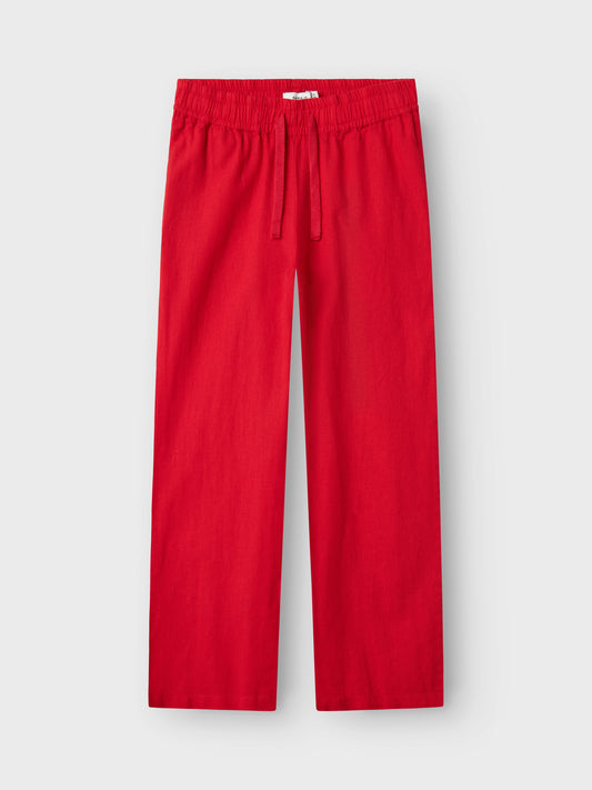 Rak, röd linnebyxa till flicka, tjej. Byxor i lin med knyte i midjan till barn och ungdom från Name it.
NKFFALINNEN STRAIGHT PANT
13240429