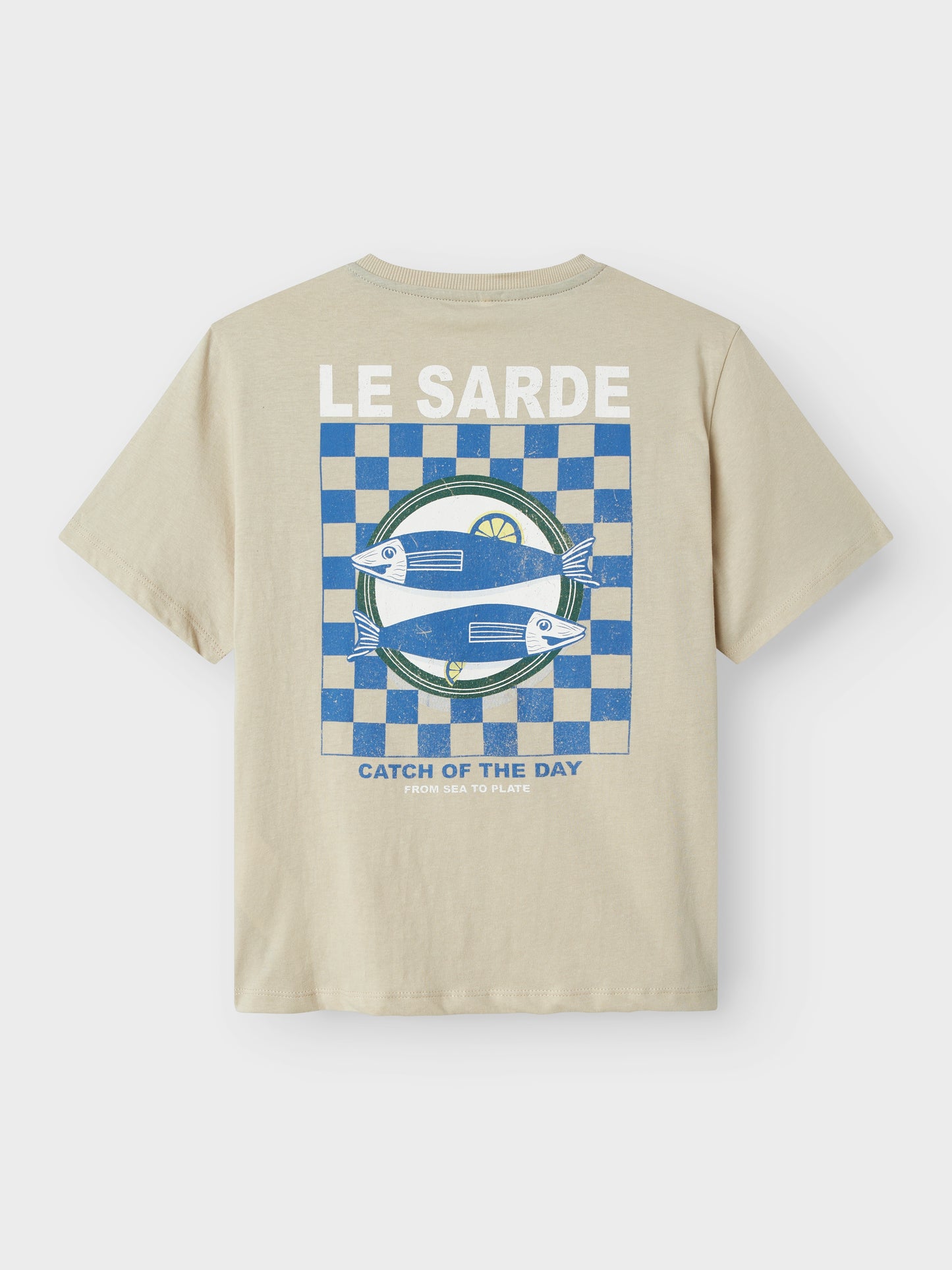 Beige kortärmad t-shirt till pojke. T-shirt med Sardin tryck i blå, backprint ekologiska barn och ungdomskläder till kille från Name it.
NKMFOND SS NREG TOP BOX
13241231