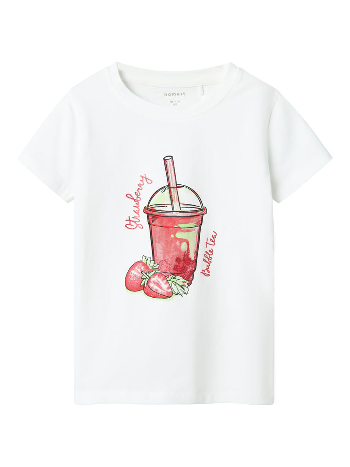 Vit kortärmad t-shirt med jordgubbs saft lemonad till flicka. Sommar topp, ekologiska barnkläder från Name it.
NMFFOJI SS TOP BOX
13241048