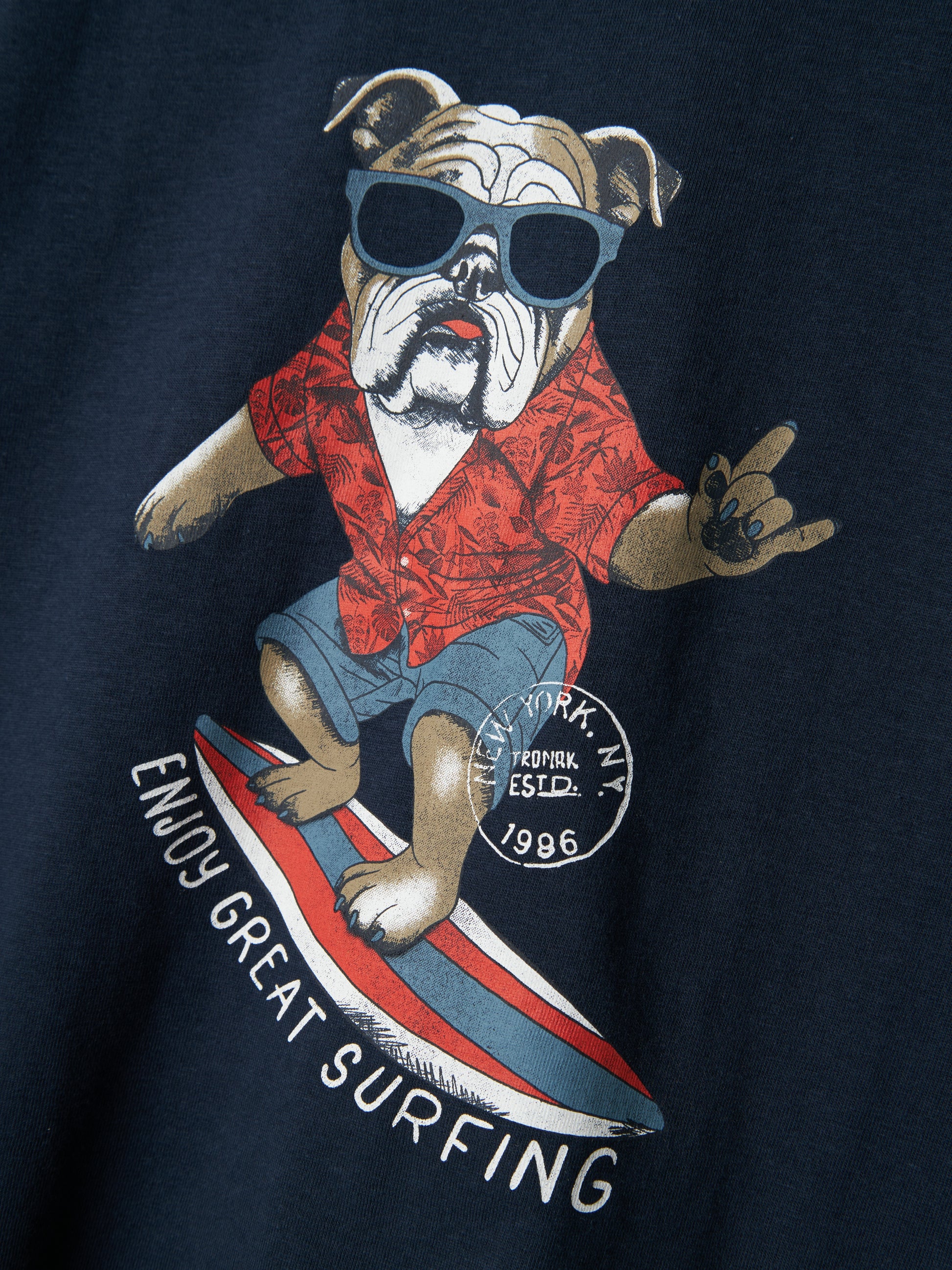 Blå kortärmad t-shirt till pojke, kille. Ekologiska barn kläder från Name it. Hund, surfbräda i roligt print på cool sommar t-shirt.
NKMFULDME SS TOP BOX
13241615