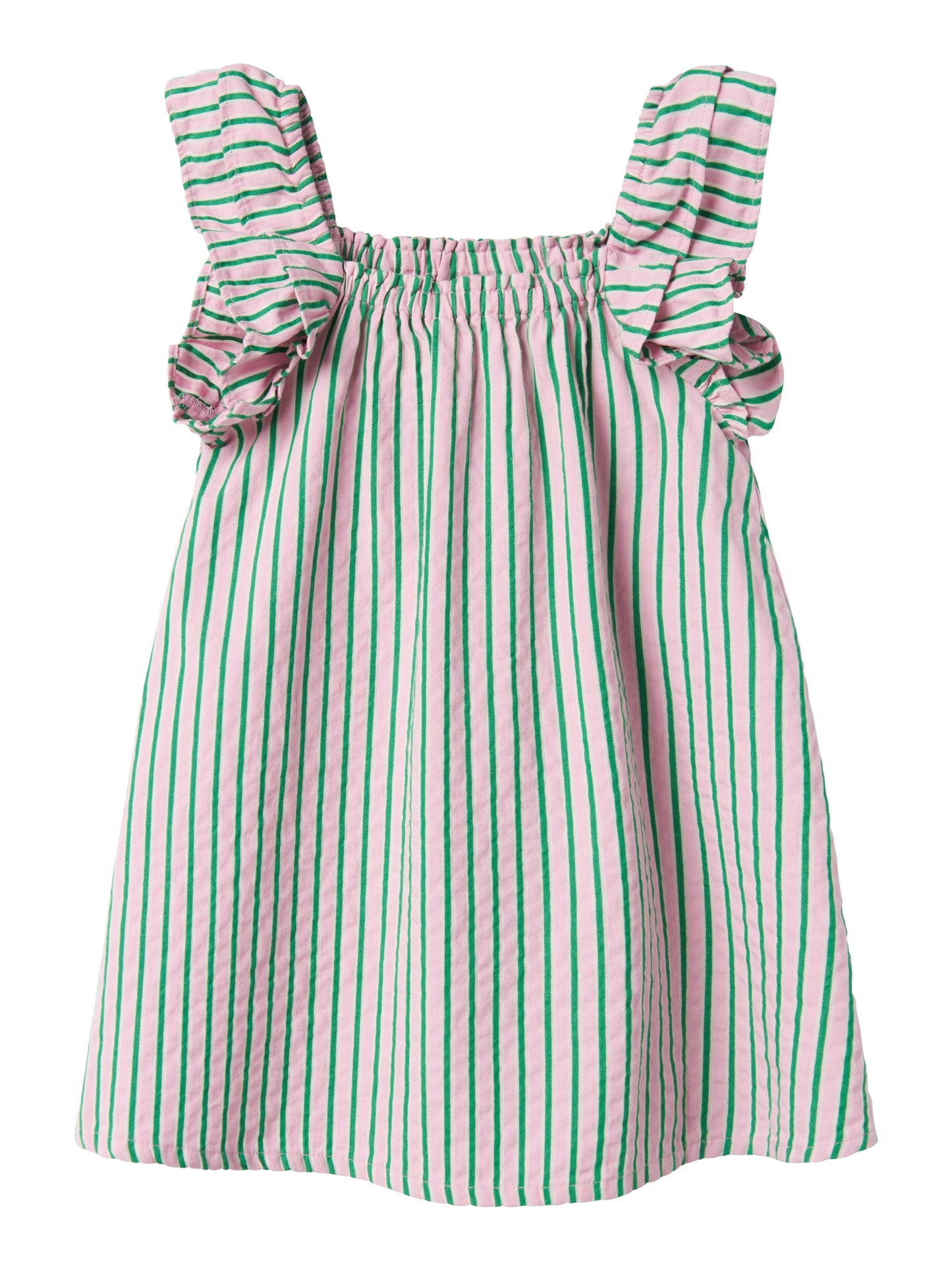 Rosa och grön randig kortärmad klänning till flicka. Ekologiska barnkläder från Name it.
NMFFILONE CAPSL DRESS
13240082
