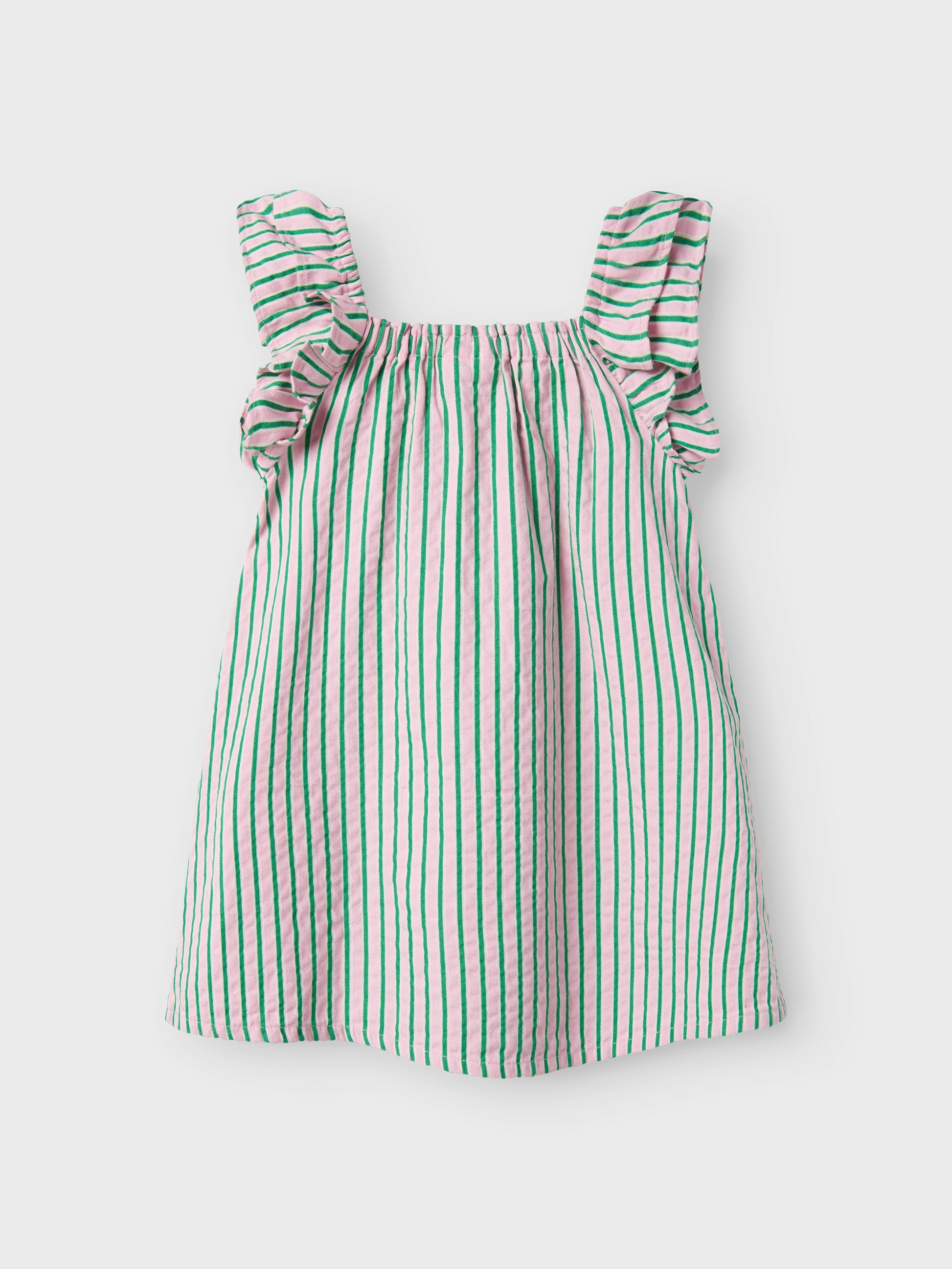 Rosa och grön randig kortärmad klänning till flicka. Ekologiska barnkläder från Name it.
NMFFILONE CAPSL DRESS
13240082