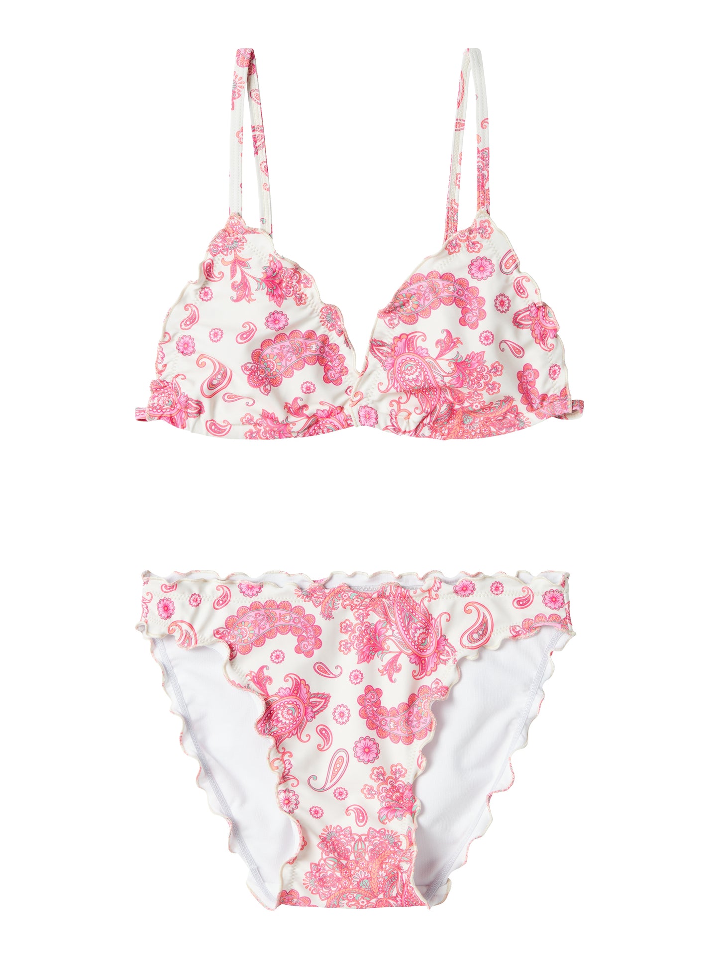 Superfin möntrad bikini till ungdom.
Spänne i ryggen och reglerbara axelband. Tjej badkläder, blommig vit och rosa bikini med trekants bh.

NLFZILLE BIKINI
13239205