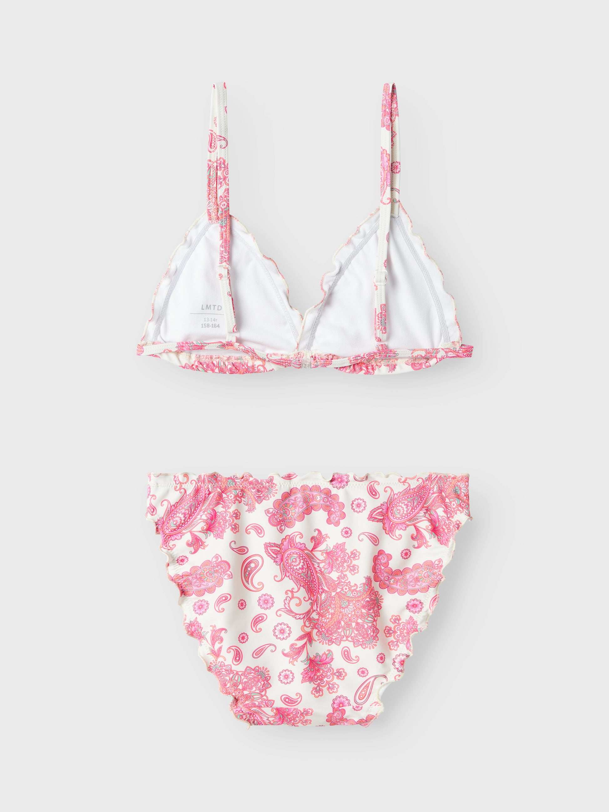 Superfin möntrad bikini till ungdom.
Spänne i ryggen och reglerbara axelband. Tjej badkläder, blommig vit och rosa bikini med trekants bh.

NLFZILLE BIKINI
13239205