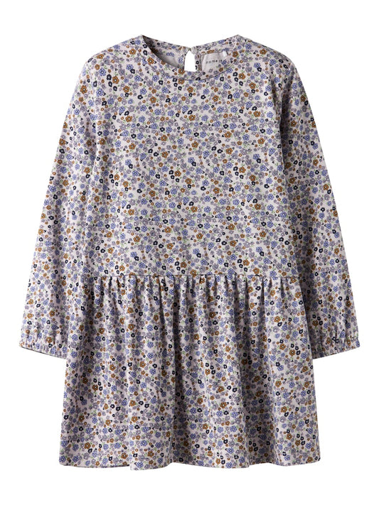 Småblommig klänning med lång ärm till flicka. Ekologiska barnkläder från Name it. Blå och lila blom mönstrad långärmad klänning.
NMFTULINE LS DRESS
13251758