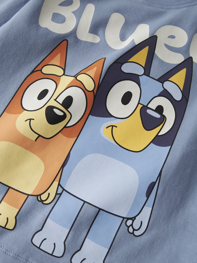 Ljusblå långärmad t-shirt till pojke med hundar från Bluey. Bluey tröja med tryck både på fram och baksidan.
NMMJONAS BLUEY LS NREG TOP BOX SKY
13252008