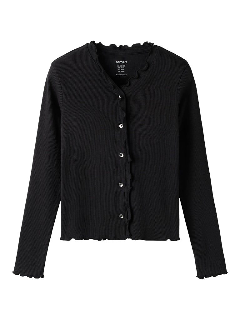 Svart ribbad kofta till flicka. Tjej cardigan i ekologisk bomull, slim fit, knappar och liten volang från Name it.
NKFBACDO LS SLIM SHORT TOP
13252805