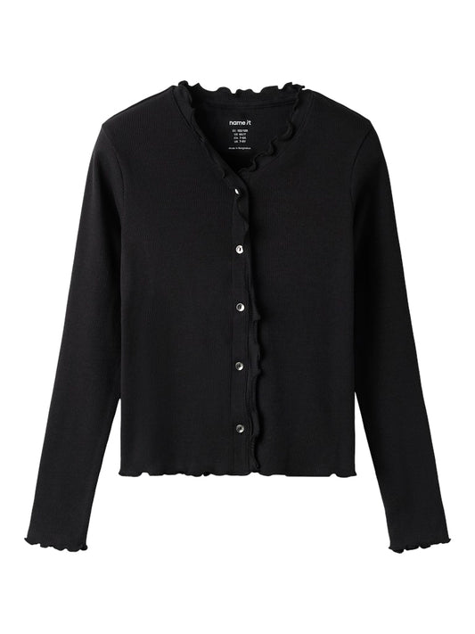 Svart ribbad kofta till flicka. Tjej cardigan i ekologisk bomull, slim fit, knappar och liten volang från Name it.
NKFBACDO LS SLIM SHORT TOP
13252805