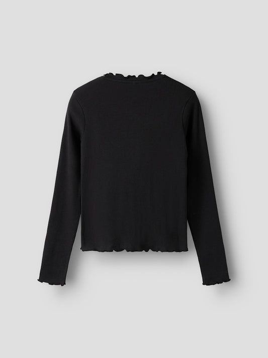 Svart ribbad kofta till flicka. Tjej cardigan i ekologisk bomull, slim fit, knappar och liten volang från Name it.
NKFBACDO LS SLIM SHORT TOP
13252805