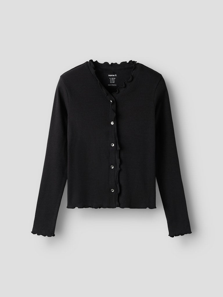 Svart ribbad kofta till flicka. Tjej cardigan i ekologisk bomull, slim fit, knappar och liten volang från Name it.
NKFBACDO LS SLIM SHORT TOP
13252805