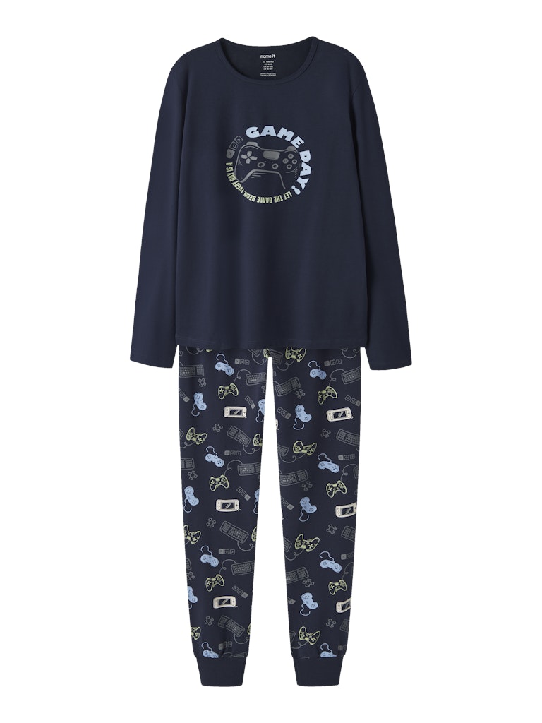 Blå gamer pyjamas med byxa mönstrad av tv spels consoler. Ekologisk Pyjamas.
NKMNIGHTSET NAVY GAMER NOOS
13250835