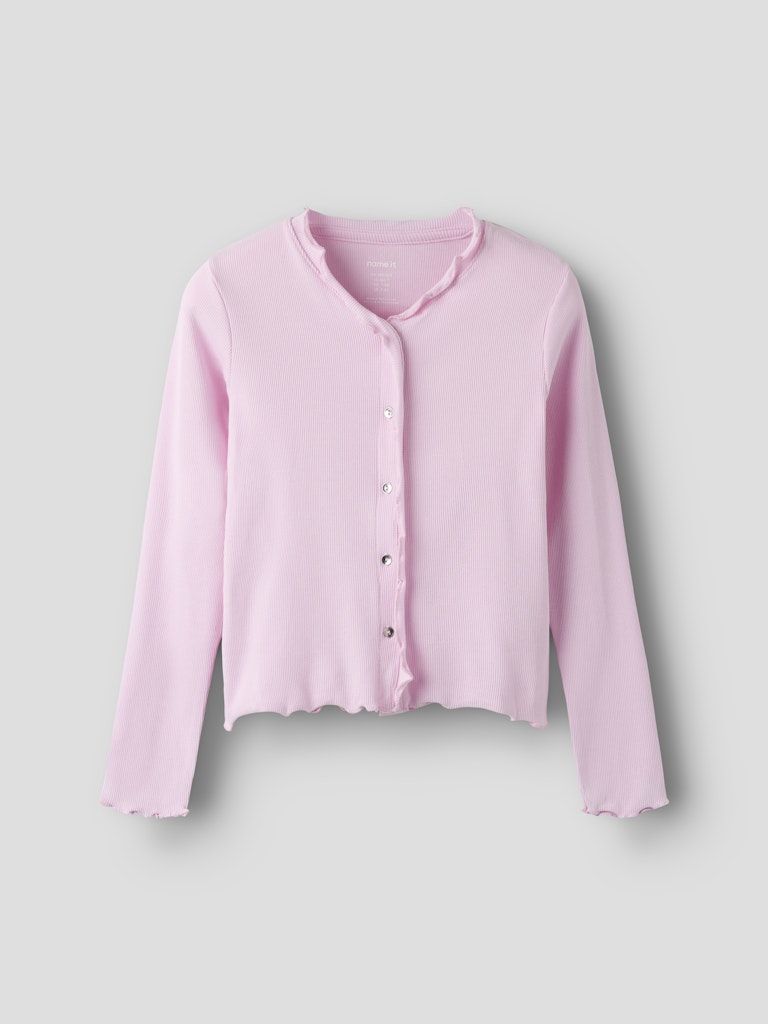 Rosa ribbad kofta till flicka. Tjej cardigan i ekologisk bomull, slim fit, knappar och liten volang från Name it.
NKFBACDO LS SLIM SHORT TOP
13252805