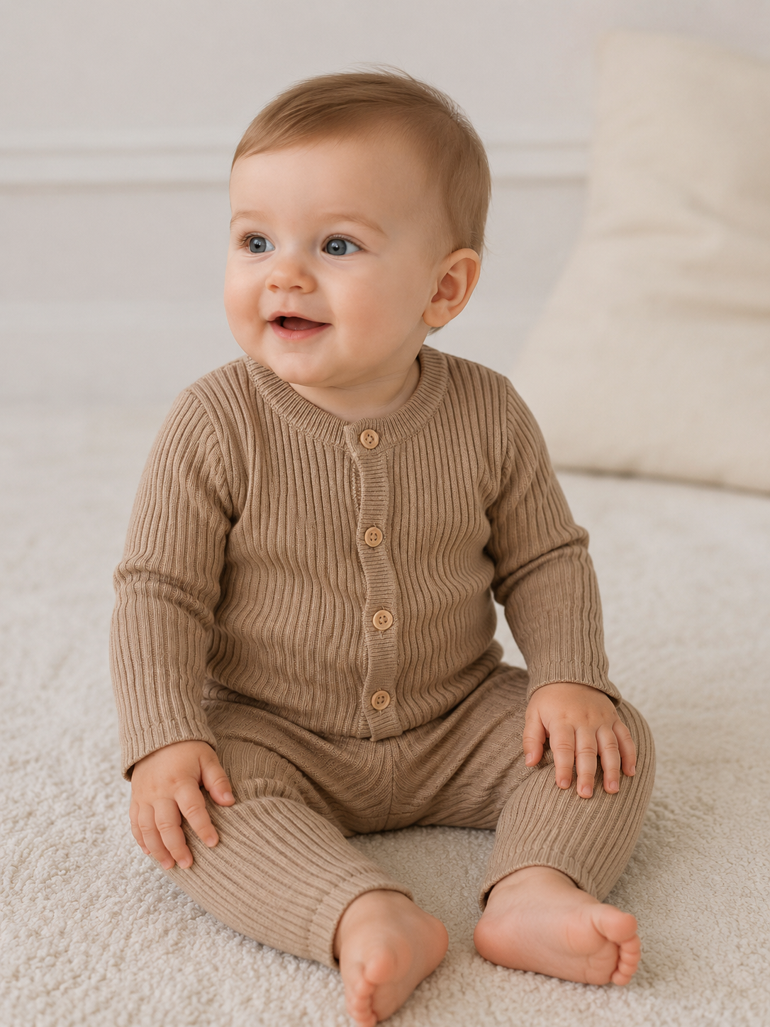 Name It NOBI stickad babykofta i färgen Sesame med rund hals, knappar framtill och mjuk ribbstickad kvalitet i LENZING™ ECOVERO™ viskos för baby pojke och flicka.